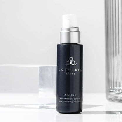 Cosmedix Elite X-Cell+ Brightening Serum for refining sun damage, uneven texture and dull skin.