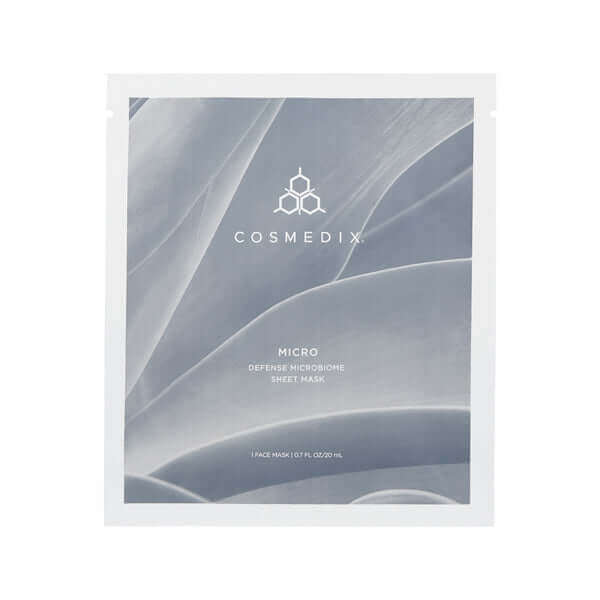 Cosmedix Micro Defense Microbiome Sheet Mask with prebiotic serum for sensitive and post-treatment skin.