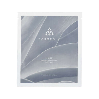 Cosmedix Micro Defense Microbiome Sheet Mask with prebiotic serum for sensitive and post-treatment skin.