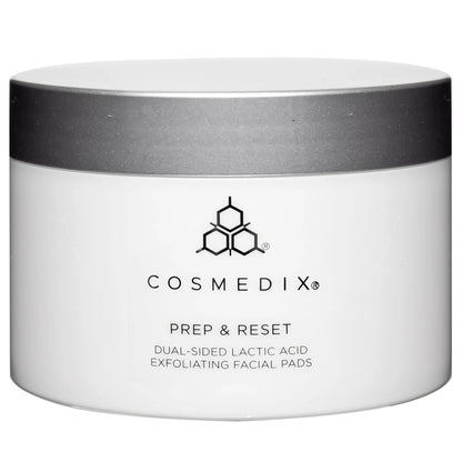 Cosmedix Prep & Reset Dual-Sided Lactic Acid Exfoliating Facial Pads for dull skin, uneven texture and skin resurfacing.
