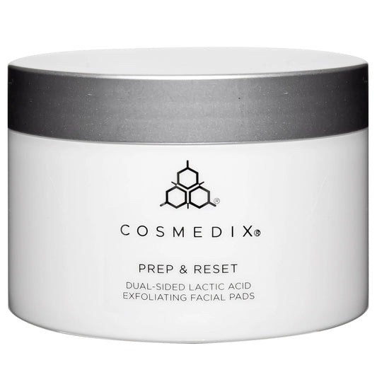Cosmedix Prep & Reset Dual-Sided Lactic Acid Exfoliating Facial Pads for dull skin, uneven texture and skin resurfacing.