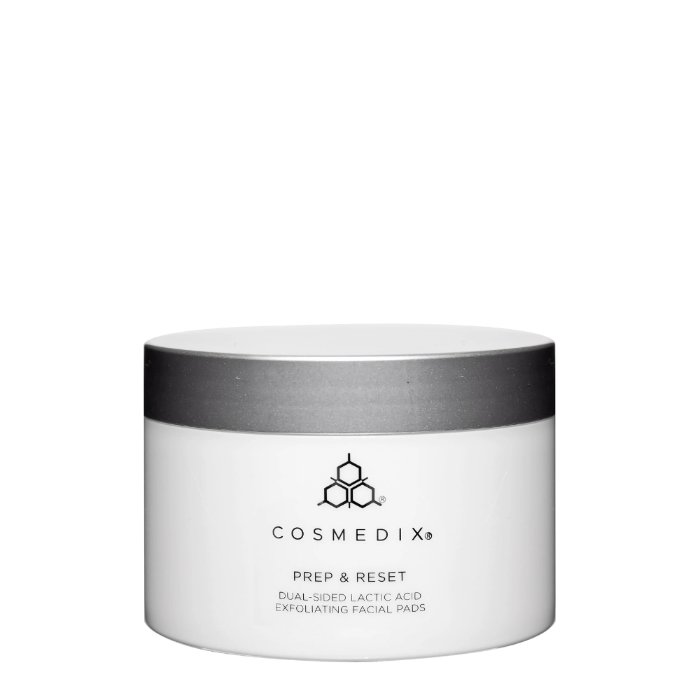 Cosmedix Prep & Reset Dual-Sided Lactic Acid Exfoliating Facial Pads for dull skin, uneven texture and skin resurfacing.