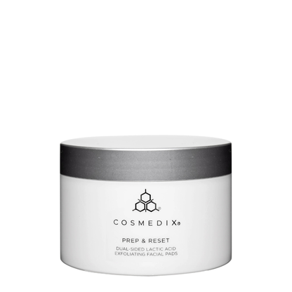 Cosmedix Prep & Reset Dual-Sided Lactic Acid Exfoliating Facial Pads for dull skin, uneven texture and skin resurfacing.