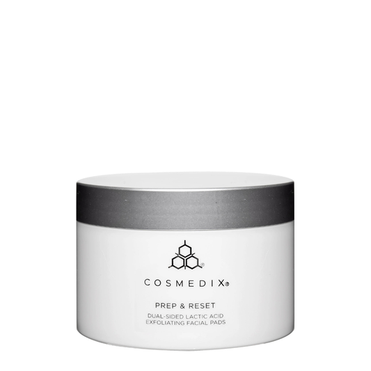 Cosmedix Prep & Reset Dual-Sided Lactic Acid Exfoliating Facial Pads for dull skin, uneven texture and skin resurfacing.