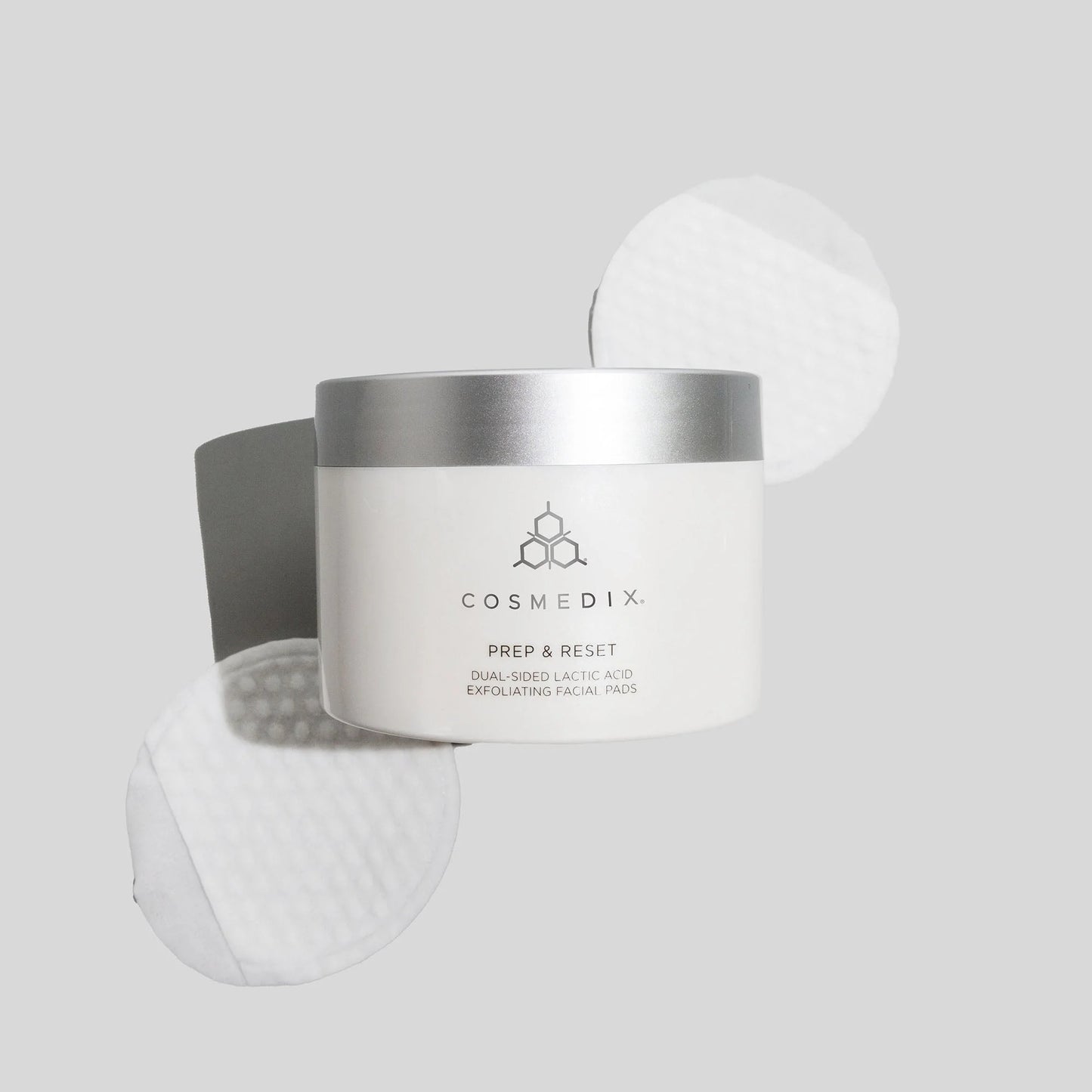 Cosmedix Prep & Reset lactic acid facial pads for rough texture, dull skin, uneven tone and gentle resurfacing.