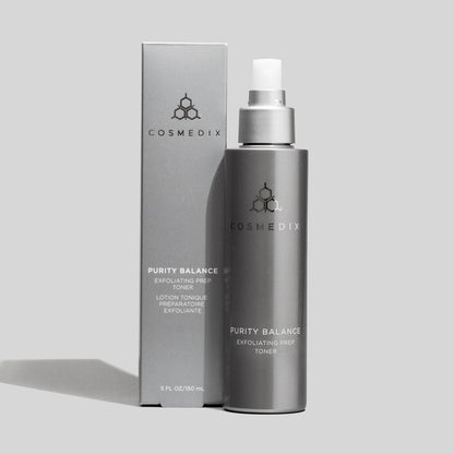 Cosmedix Purity Balance Exfoliating Prep Toner 150ml, clarifying exfoliating toner with tea tree oil and niacinamide beside product carton.