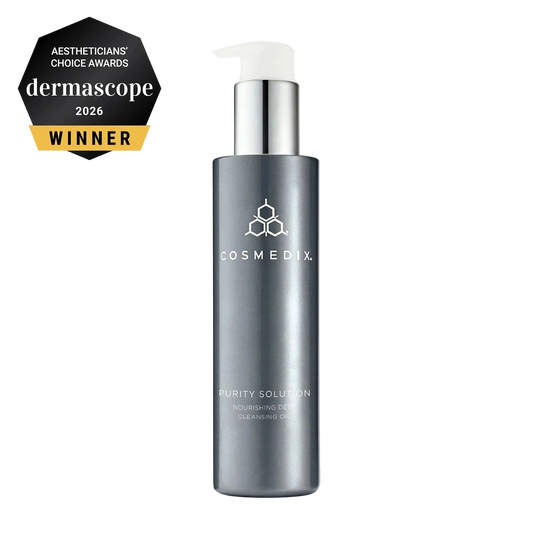 Cosmedix Purity Solution Nourishing Cleansing Oil 100ml Dermascope 2026 award-winning cleansing oil for makeup removal and double cleansing. 