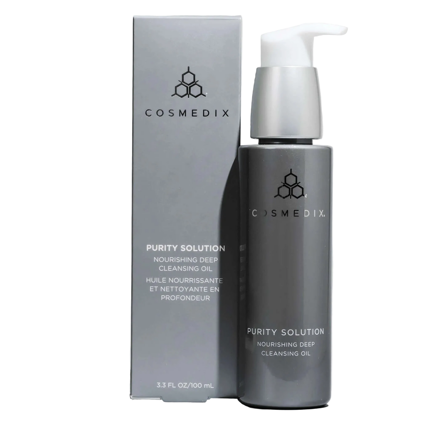 Cosmedix Purity Solution Nourishing Cleansing Oil 100ml with product box, nourishing makeup remover and first cleanse for soft hydrated skin.