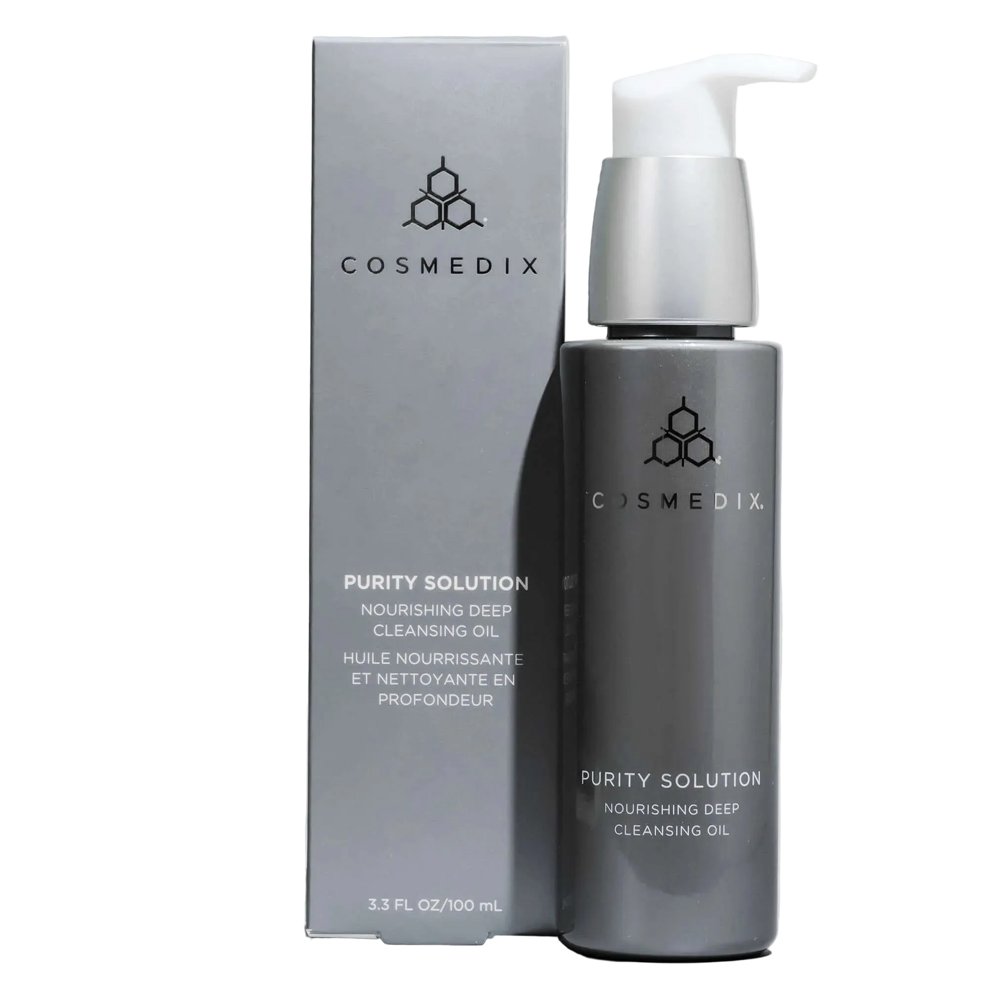 Cosmedix Purity Solution Nourishing Cleansing Oil 100ml with product box, nourishing makeup remover and first cleanse for soft hydrated skin.