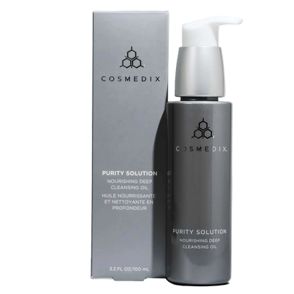 Cosmedix Purity Solution Nourishing Cleansing Oil 100ml with product box, nourishing makeup remover and first cleanse for soft hydrated skin.
