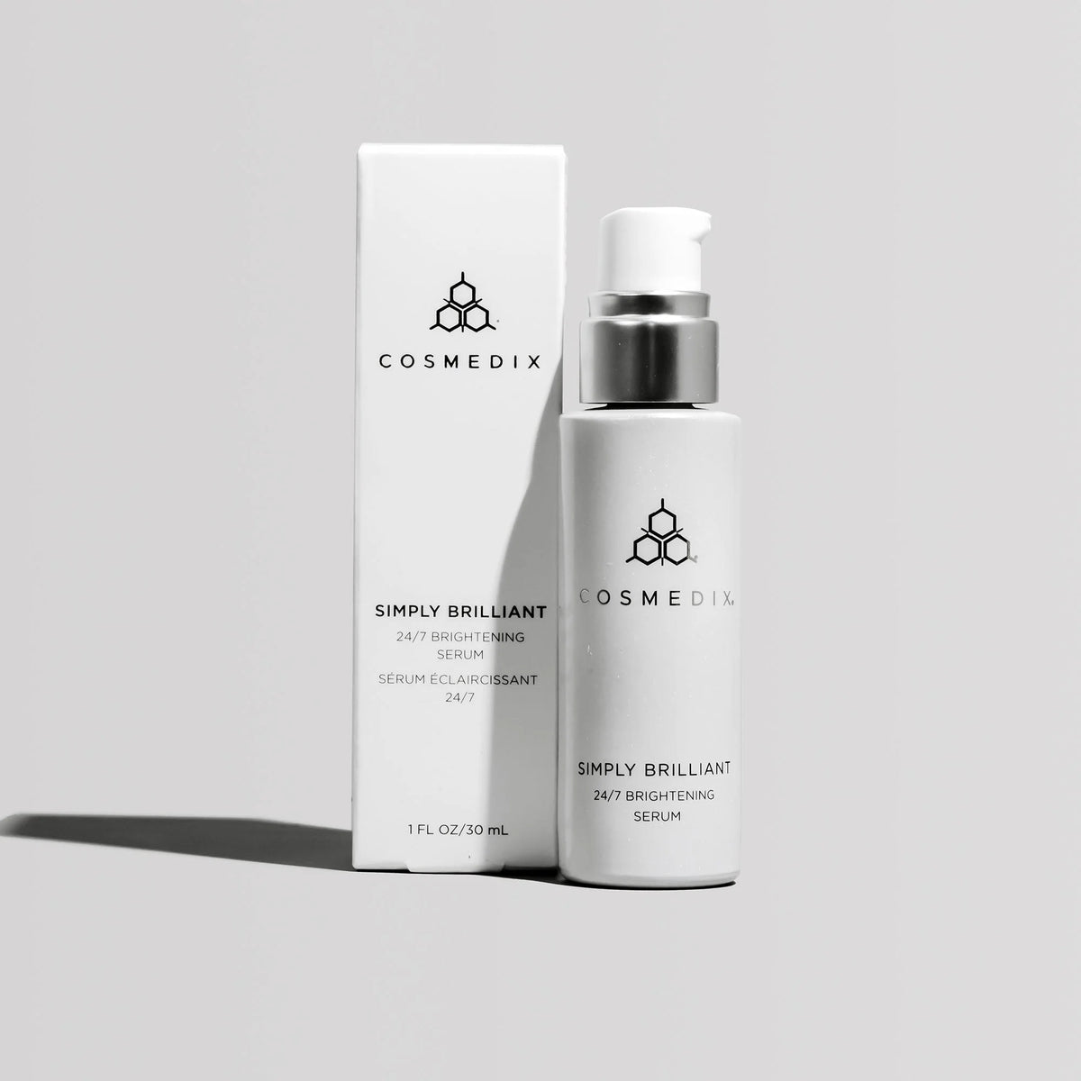 Cosmedix Simply Brilliant 24/7 Brightening Serum with lactic acid, niacinamide and vitamin C for uneven skin tone.