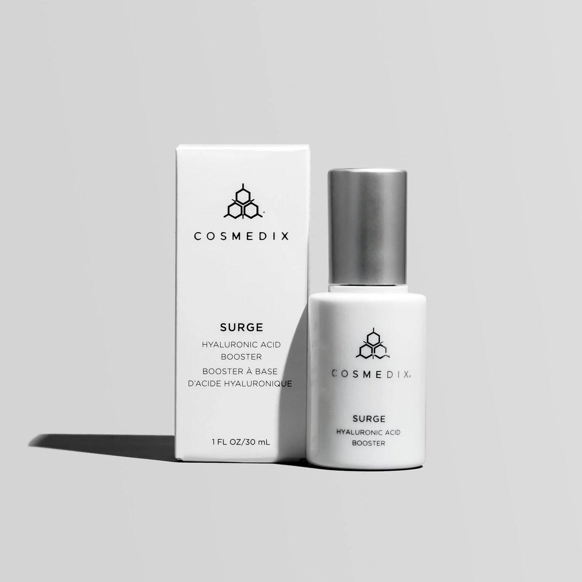 Cosmedix Surge Hyaluronic Acid Booster with hyaluronic acid and niacinamide for plumper, smoother skin.