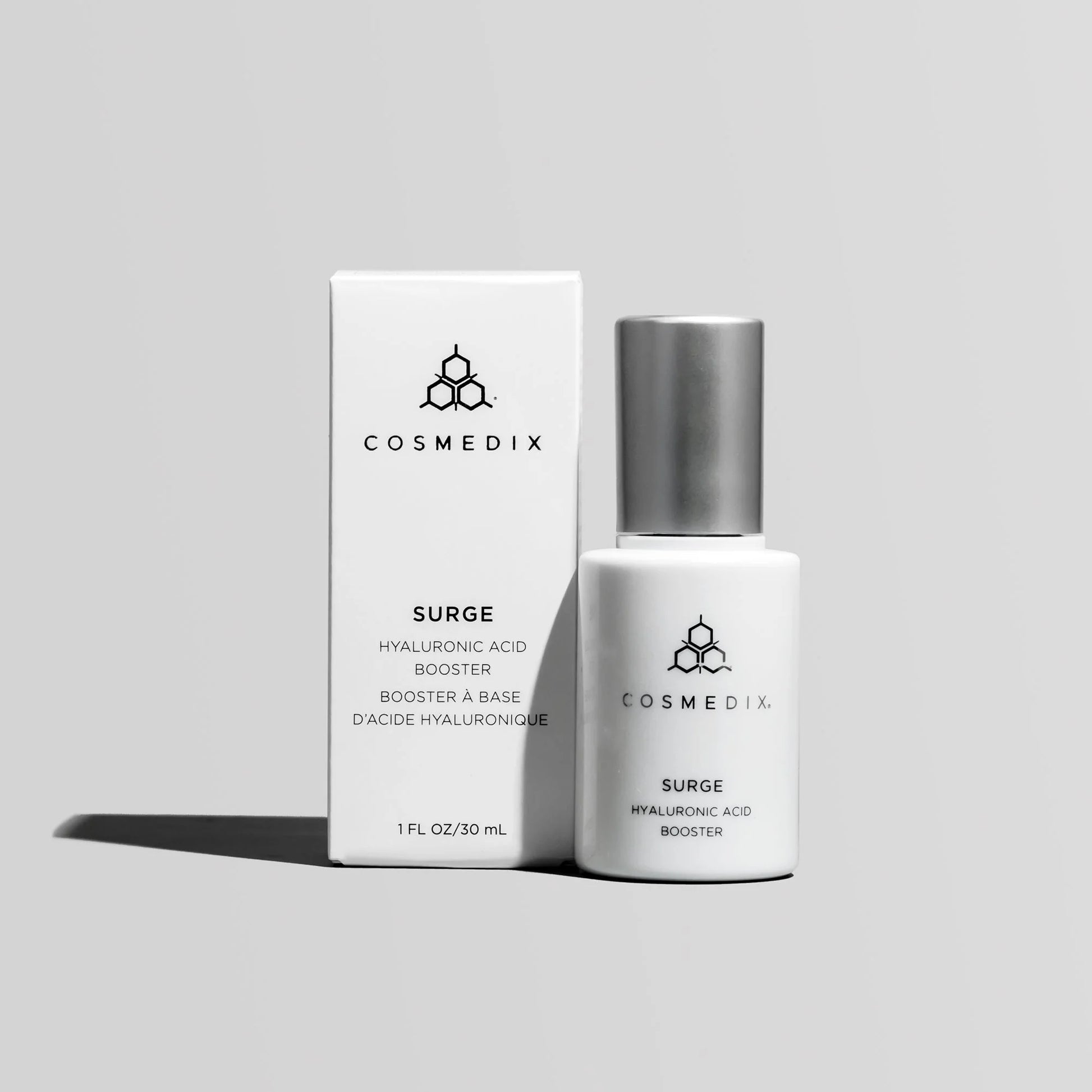 Cosmedix Surge Hyaluronic Acid Booster with hyaluronic acid and niacinamide for plumper, smoother skin.