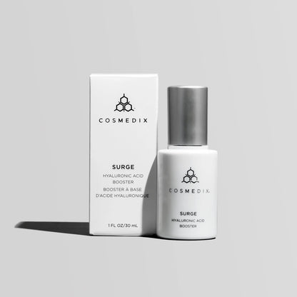 Cosmedix Surge Hyaluronic Acid Booster with hyaluronic acid and niacinamide for plumper, smoother skin.