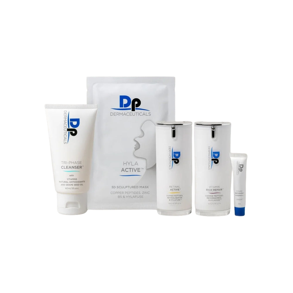 DP Dermaceuticals Age-Defying Starter Kit including Tri-Phase Cleanser, Vitamin Rich Repair, Retinol Active, HylaActive 3D Mask and Cover Recover Sheer for complete anti-ageing care.