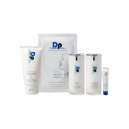 DP Dermaceuticals Age-Defying Starter Kit including Tri-Phase Cleanser, Vitamin Rich Repair, Retinol Active, HylaActive 3D Mask and Cover Recover Sheer for complete anti-ageing care.