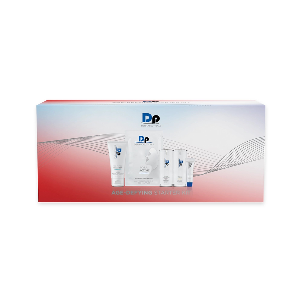 DP Dermaceuticals Age-Defying Starter Kit boxed set featuring a full anti-ageing routine designed to smooth, firm and rejuvenate the skin.