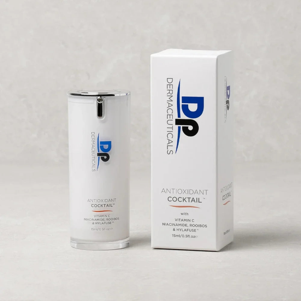 Dp Dermaceuticals Antioxidant Cocktail 15ml with packaging, a brightening antioxidant serum designed to support skin clarity, radiance and visible age-defying results.