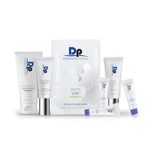 DP Dermaceuticals Brightening Starter Kit products displayed individually, including exfoliant, antioxidant serum, Brite Lite, brightening mask and tinted Cover Recover SPF.