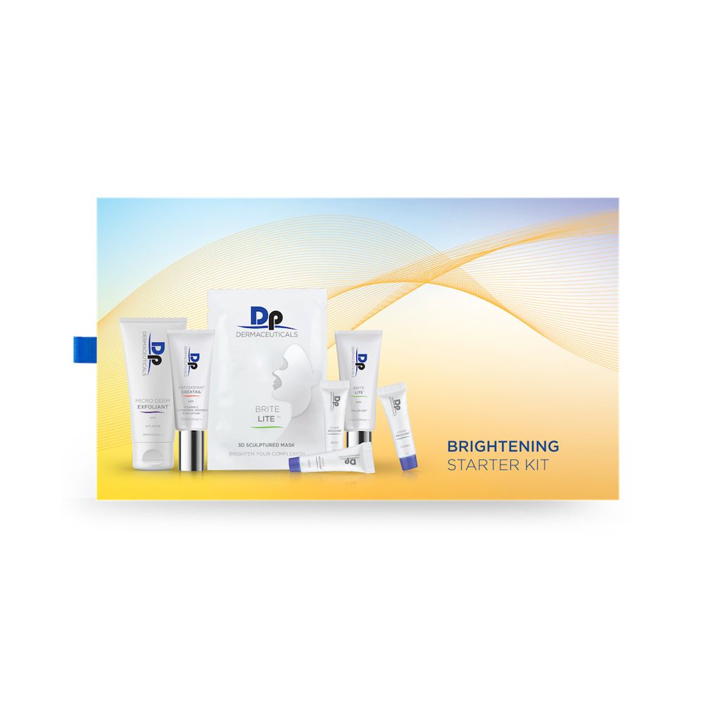 DP Dermaceuticals Brightening Starter Kit box including Micro Derm Exfoliant, Antioxidant Cocktail, Brite Lite, Brite Lite 3D Mask and Cover Recover for pigment control.