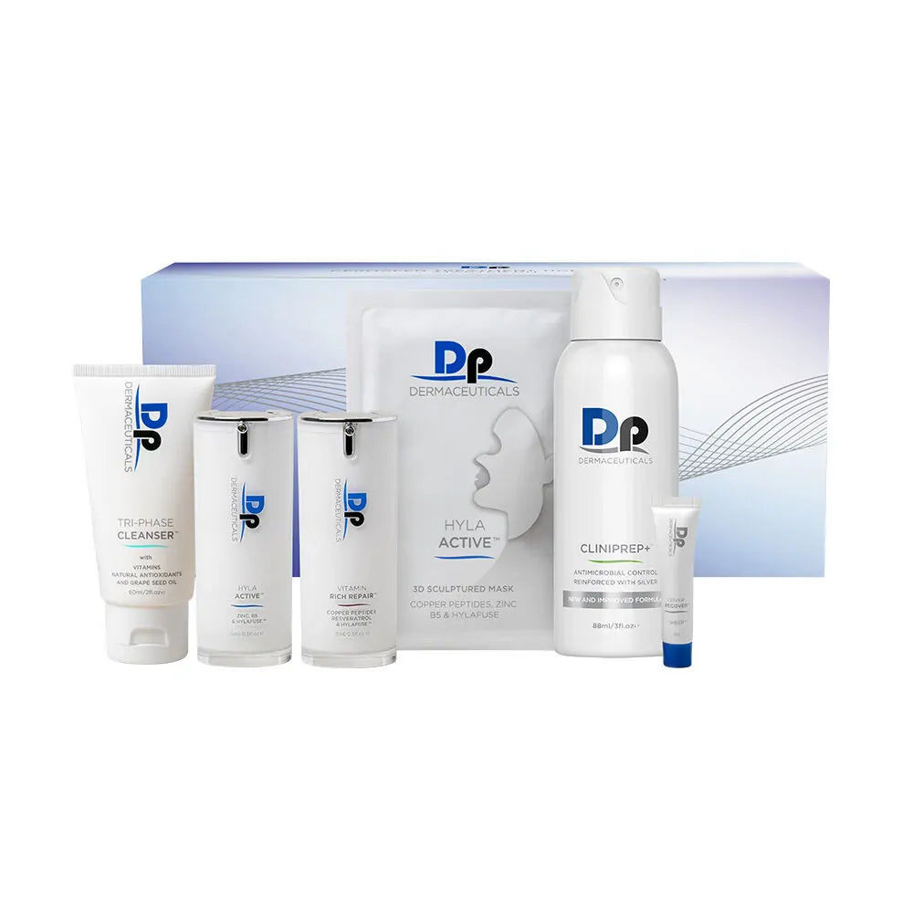 DP Dermaceuticals Dermapen Treatments Homecare Set including Tri-Phase Cleanser, CliniPrep+, Hyla Active, Vitamin Rich Repair, Hyla Active 3D Sculptured Mask and Cover Recover Sheer for pre- and post-micro needling care.
