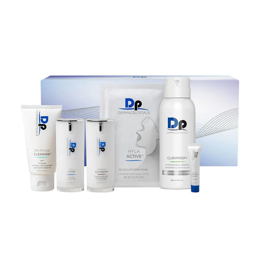 DP Dermaceuticals Dermapen Treatments Homecare Set including Tri-Phase Cleanser, CliniPrep+, Hyla Active, Vitamin Rich Repair, Hyla Active 3D Sculptured Mask and Cover Recover Sheer for pre- and post-micro needling care.
