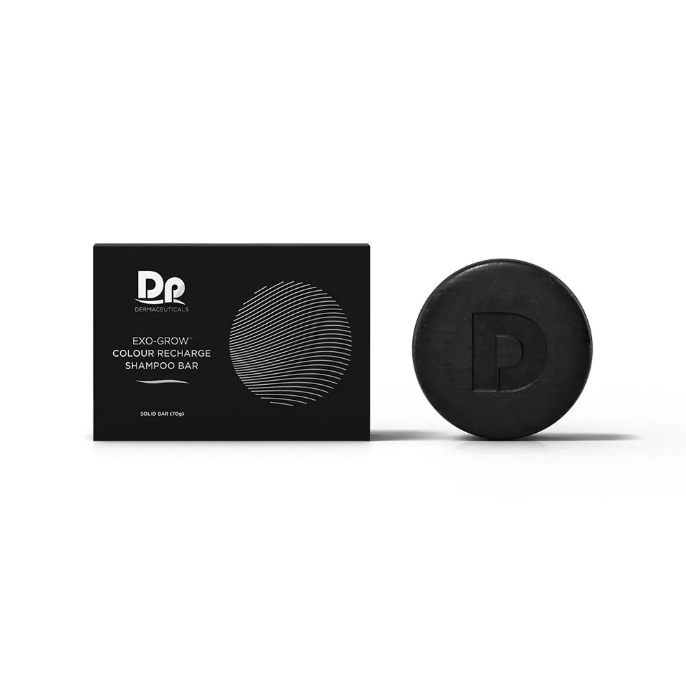 DP Dermaceuticals EXO-GROW Colour Recharge Shampoo Bar with box and solid shampoo bar displayed together, designed to revive colour, reduce greys and strengthen thinning hair.