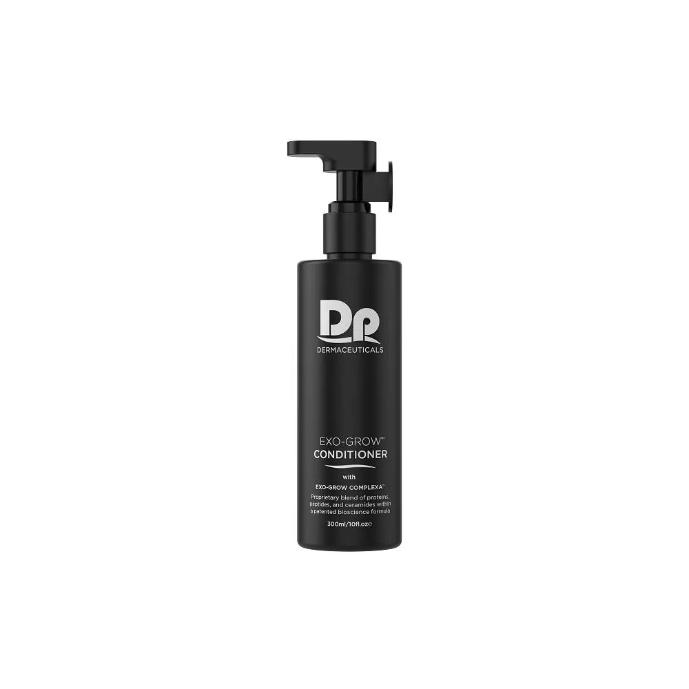 DP Dermaceuticals EXO-GROW Conditioner 300ml bottle designed to reduce hair thinning and breakage, nourish the scalp and strengthen hair with peptides, ceramides and botanical extracts.