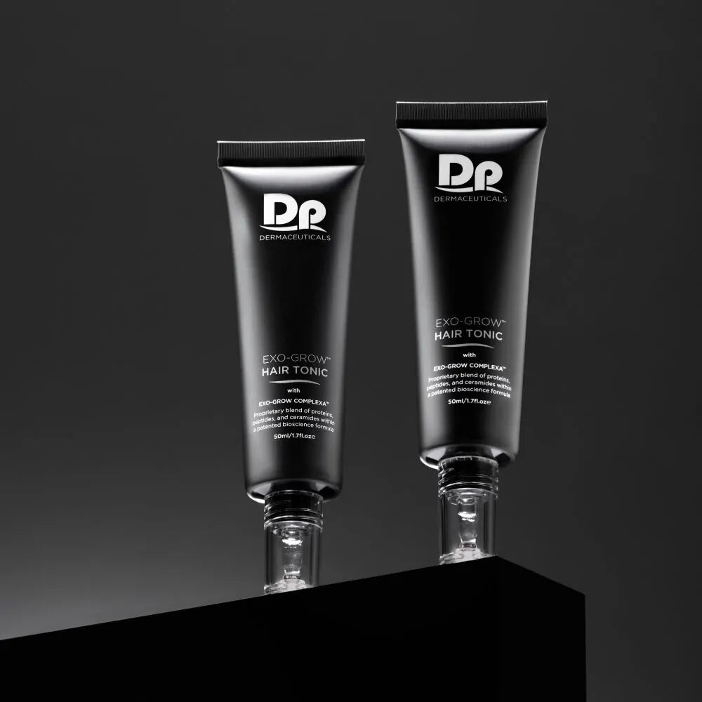 DP Dermaceuticals EXO-GROW Hair Tonic displayed in a professional, styled setting, highlighting its advanced exosome and peptide technology for reducing shedding and boosting hair density.