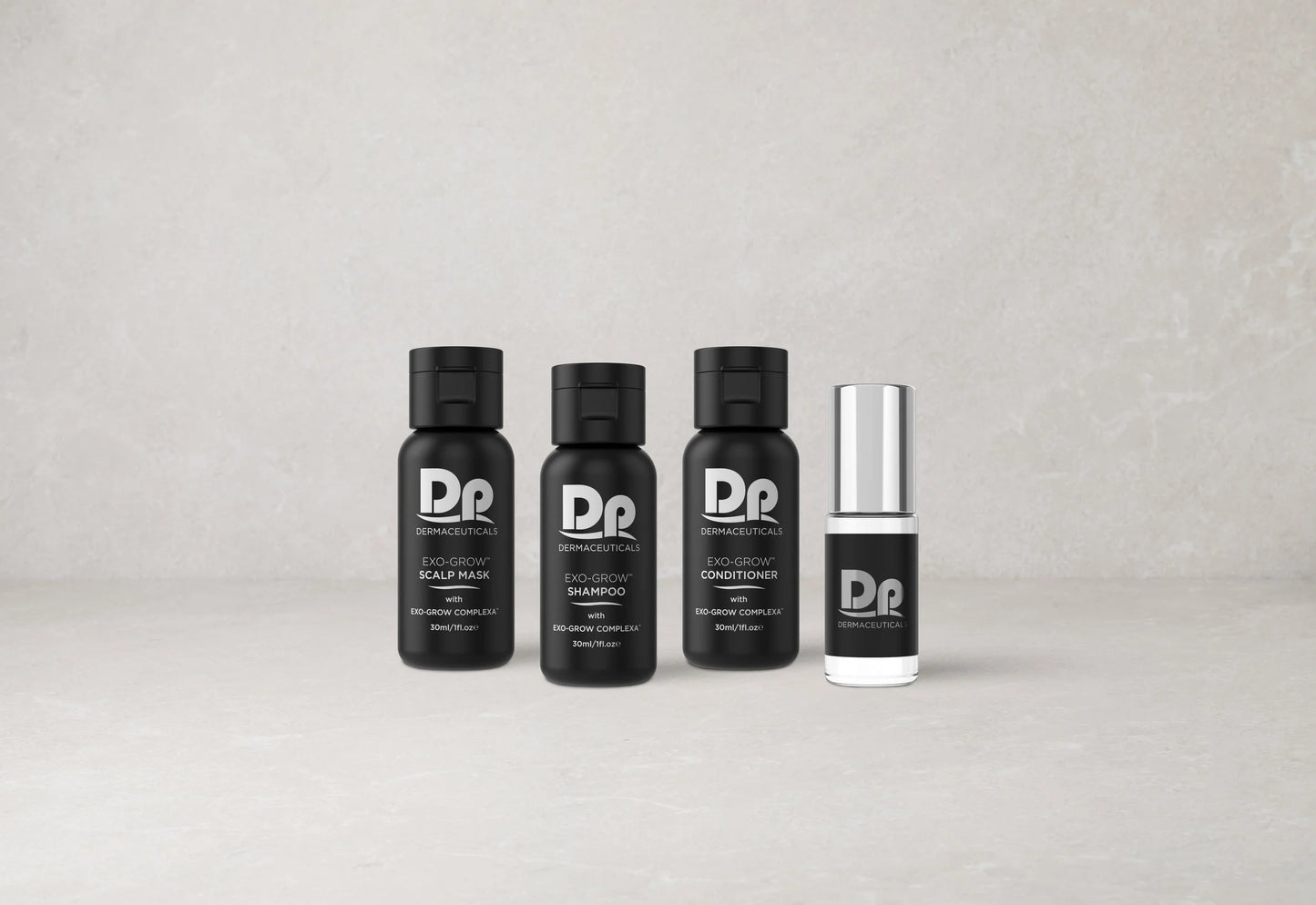 DP Dermaceuticals EXO-Grow Discovery Kit styled image showcasing hair thinning and scalp treatment routine with shampoo, conditioner, scalp mask and hair tonic.