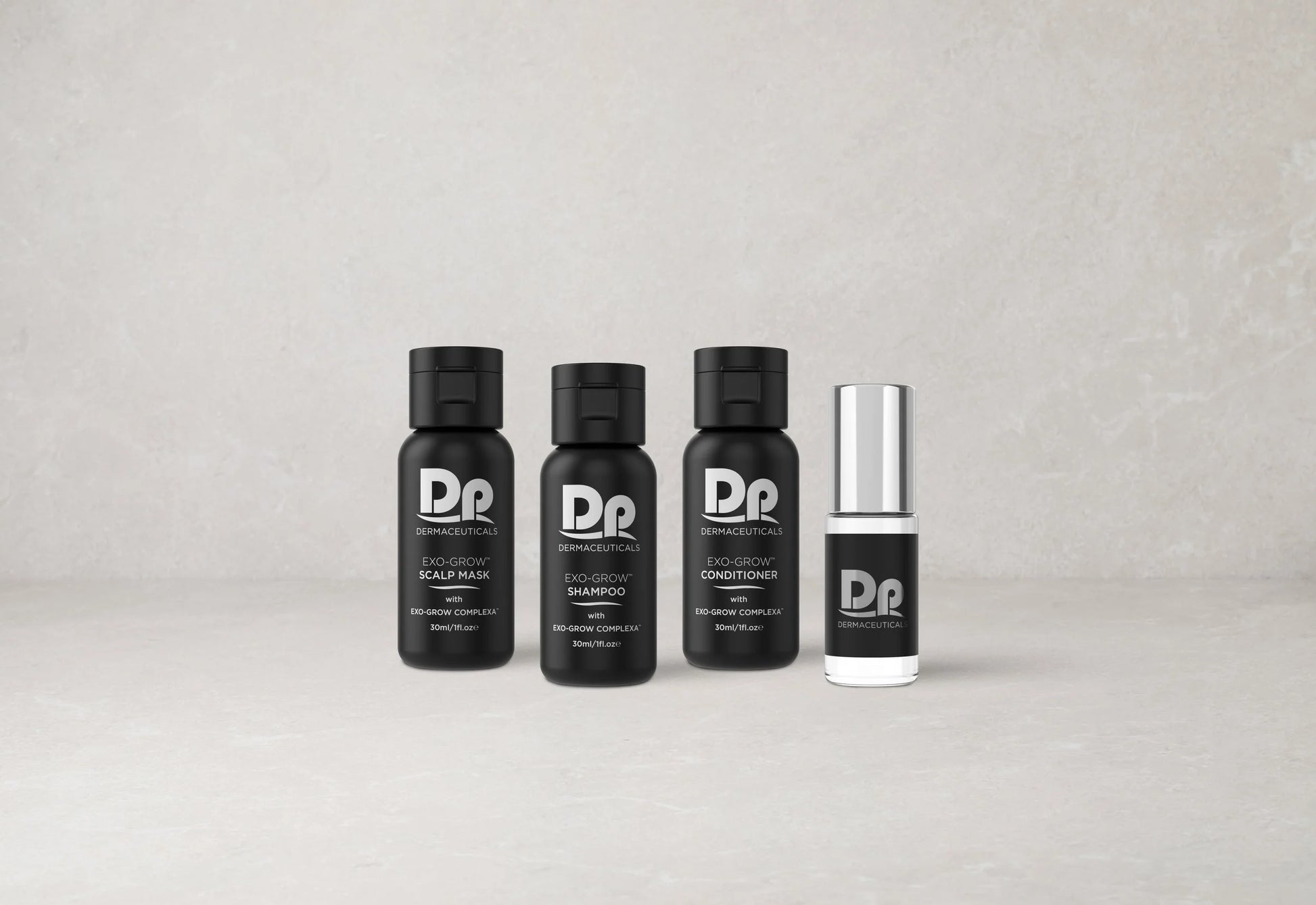 DP Dermaceuticals EXO-Grow Discovery Kit styled image showcasing hair thinning and scalp treatment routine with shampoo, conditioner, scalp mask and hair tonic.