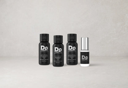 DP Dermaceuticals EXO-Grow Discovery Kit styled image showcasing hair thinning and scalp treatment routine with shampoo, conditioner, scalp mask and hair tonic.