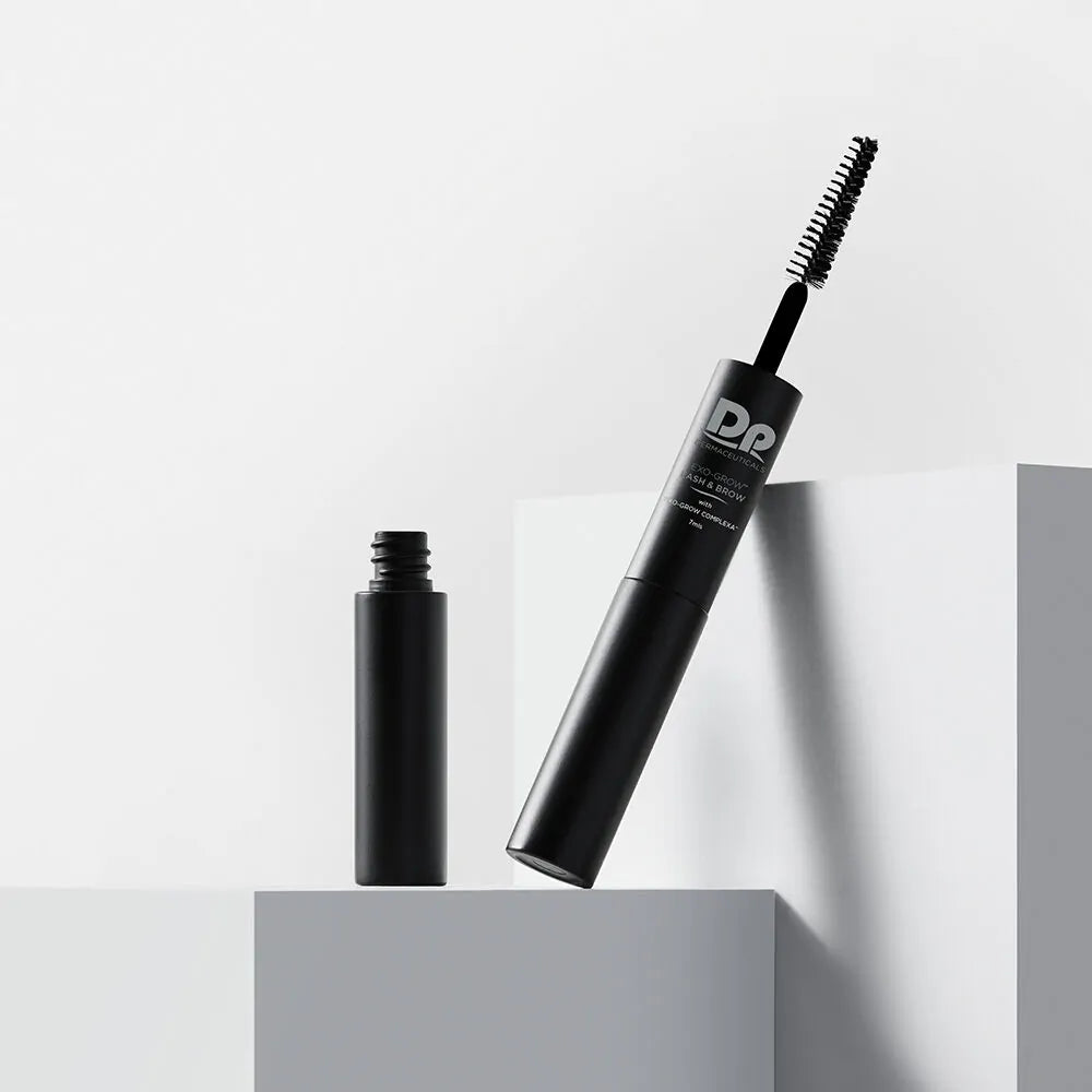 DP Dermaceuticals EXO-GROW Lash & Brow Serum with precision applicator exposed, showing targeted delivery for enhancing lash and brow density and reducing breakage.
