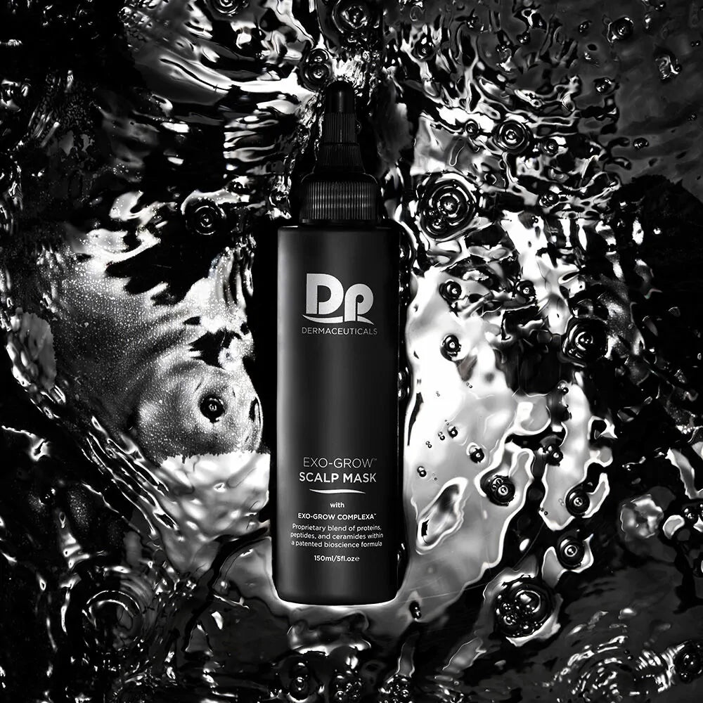 DP Dermaceuticals EXO-GROW Scalp Mask floating in water, highlighting its hydrating, scalp-renewing and hair-strengthening benefits.