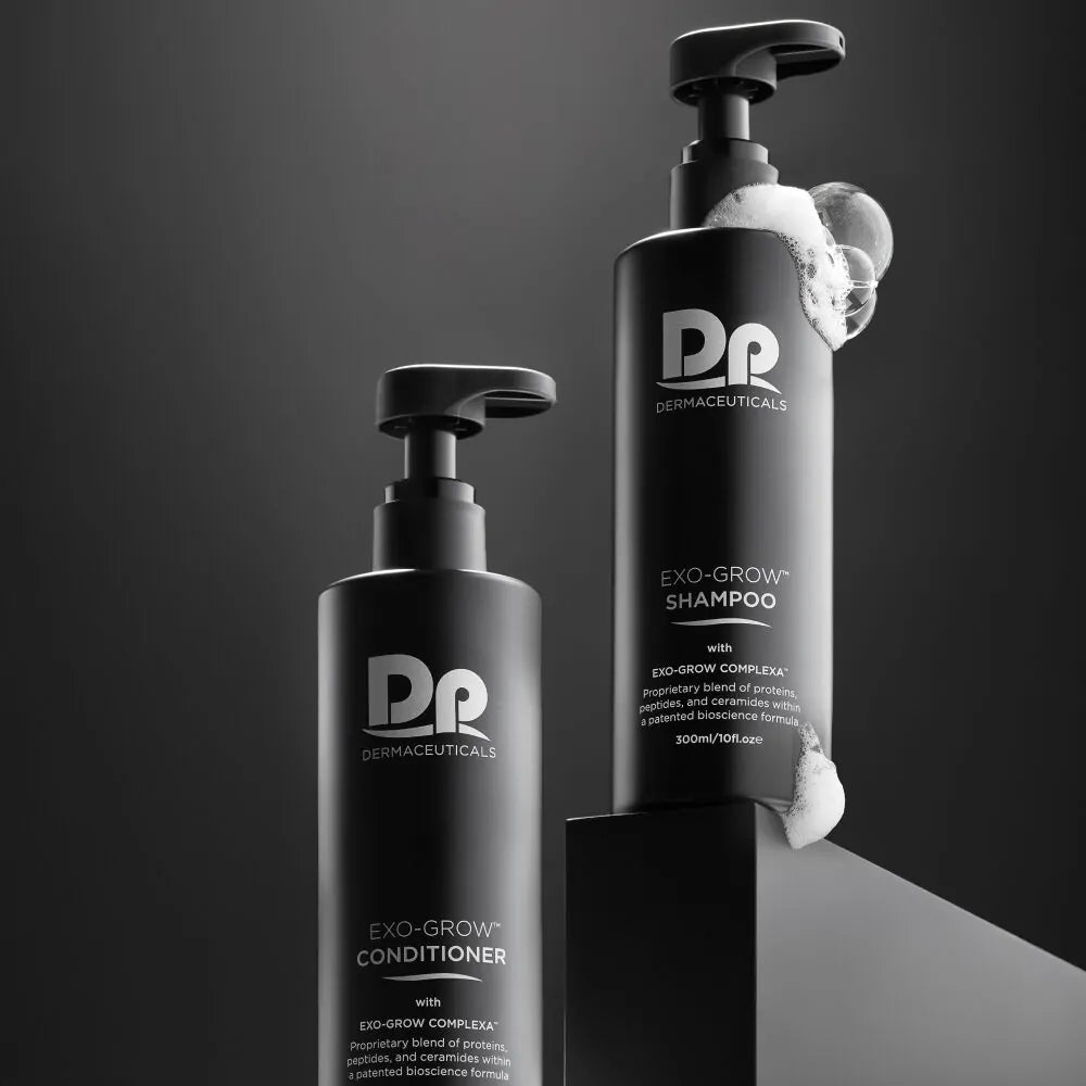 DP Dermaceuticals EXO-GROW Shampoo and Conditioner duo displayed together, showcasing the complete anti-thinning, hair-strengthening and scalp-renewing system.