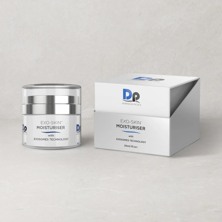 Dp Dermaceuticals Exo-Skin Moisturiser 30ml jar displayed beside its packaging box, showcasing advanced exosome-powered clinical moisturiser.