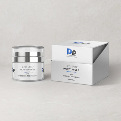 Dp Dermaceuticals Exo-Skin Moisturiser 30ml jar displayed beside its packaging box, showcasing advanced exosome-powered clinical moisturiser.