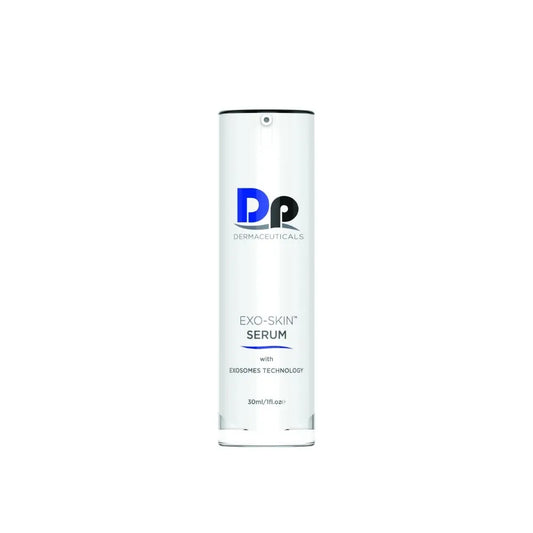 Dp Dermaceuticals Exo-Skin Serum 30ml bottle containing advanced exosome, copper peptide and hyaluronic acid rejuvenating formula.