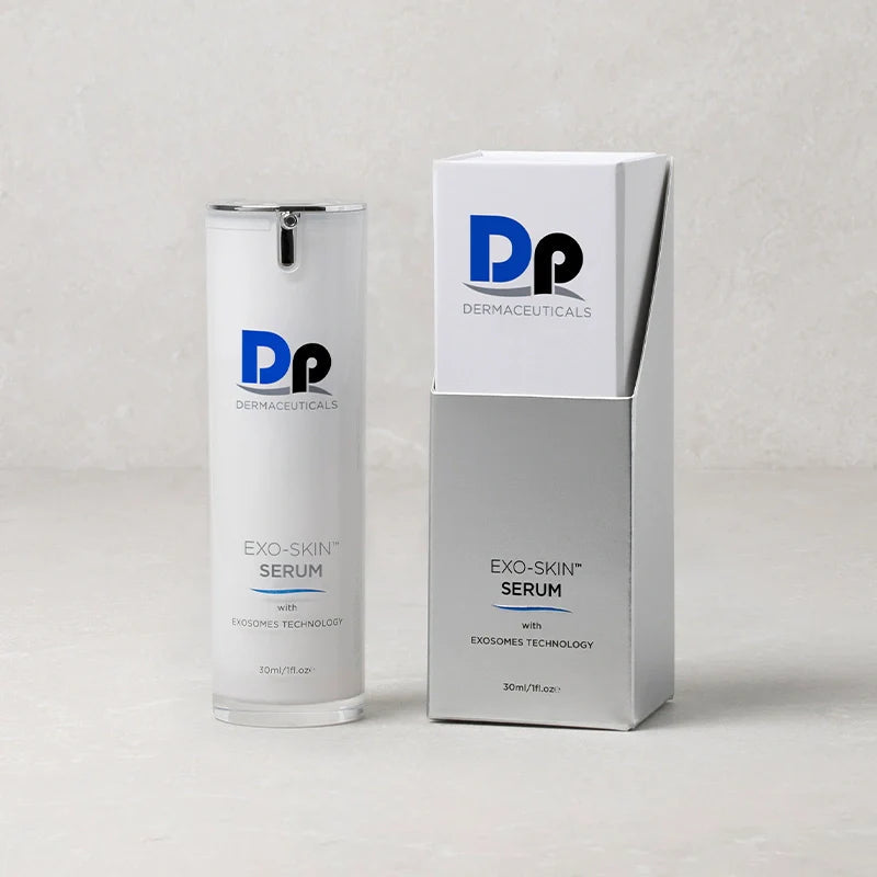 Dp Dermaceuticals Exo-Skin Serum 30ml bottle shown beside its packaging box, highlighting clinical-grade exosome-powered skin renewal treatment.