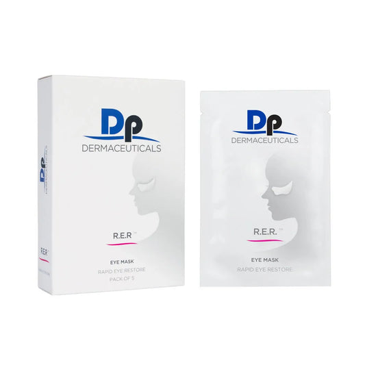 Dp Dermaceuticals Rapid Eye Restore Mask box with one individual eye mask packet, professional under-eye treatment for hydration, firming and brightening.