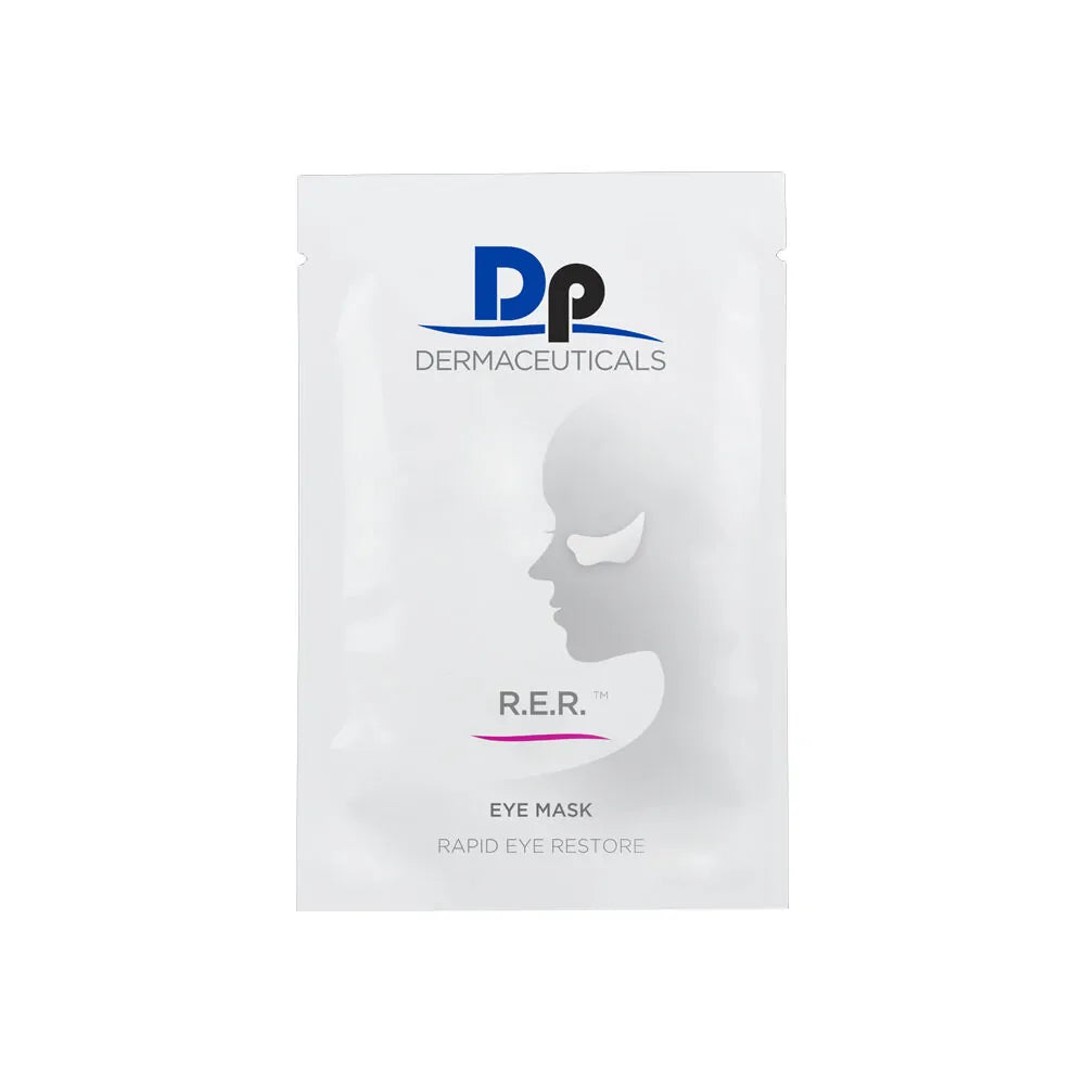 Dp Dermaceuticals Rapid Eye Restore Mask single-use packet, peptide and hyaluronic acid infused eye treatment for puffiness and fine lines.