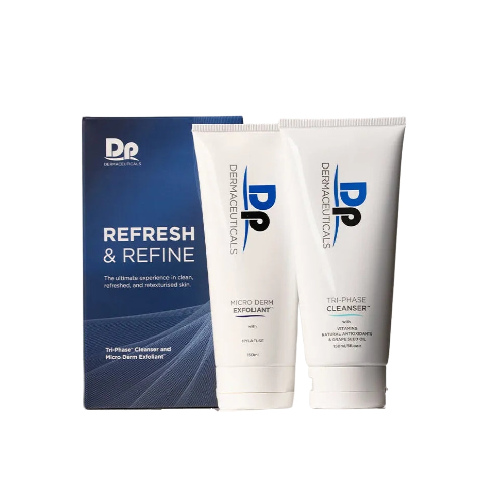 Dp Dermaceuticals Refresh & Refine Duo with Tri-Phase Cleanser and Micro Derm Exfoliant displayed beside the box on a white background, showcasing the complete cleansing and exfoliating system.