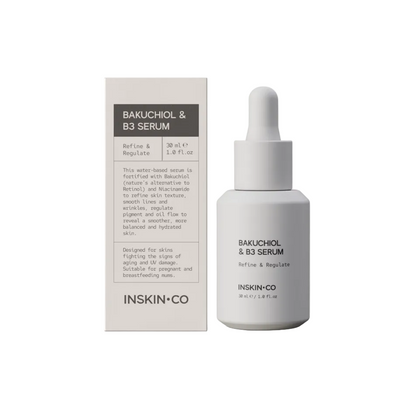 INSKIN.CO Bakuchiol & B3 Serum gentle retinol alternative for smoothing fine lines, improving skin tone and supporting barrier health.