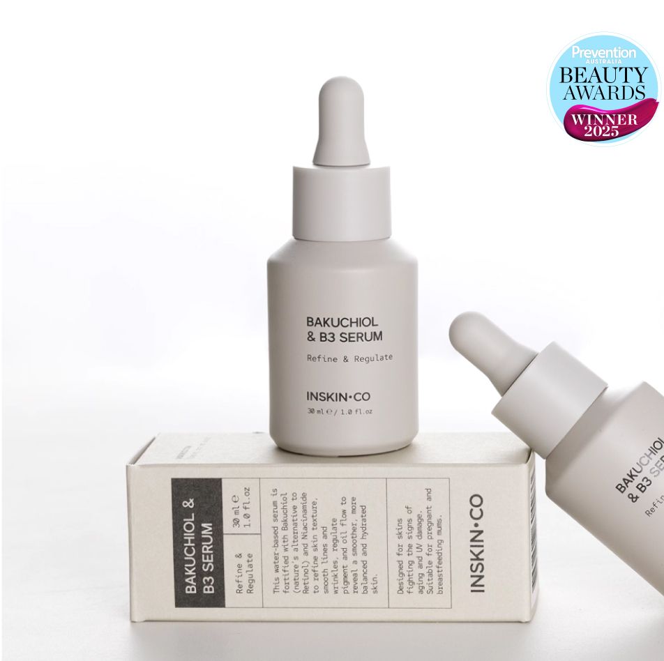 INSKIN.CO Bakuchiol & B3 Serum 2025 Prevention Australia Beauty Awards winner, gentle anti-ageing serum with bakuchiol and niacinamide.