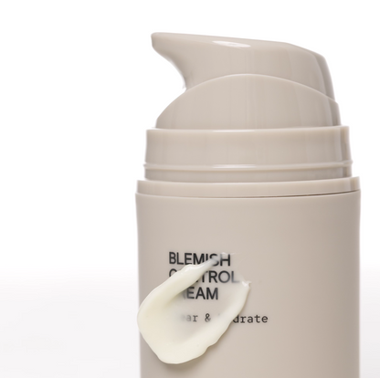 INSKIN.CO Blemish Control Cream texture close up with cream smear on packaging highlighting lightweight, non-greasy formula.