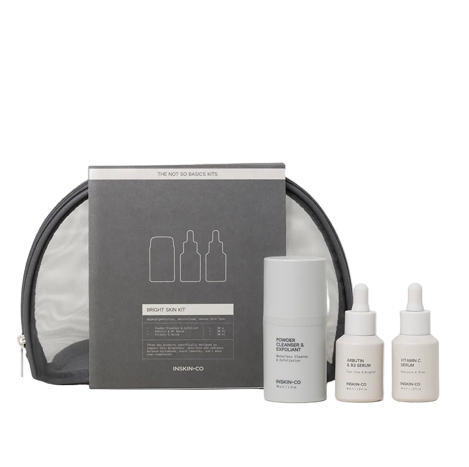 INSKIN.CO Bright Skin Kit brightening skincare set for uneven skin tone and pigmentation with vitamin C and arbutin serums.