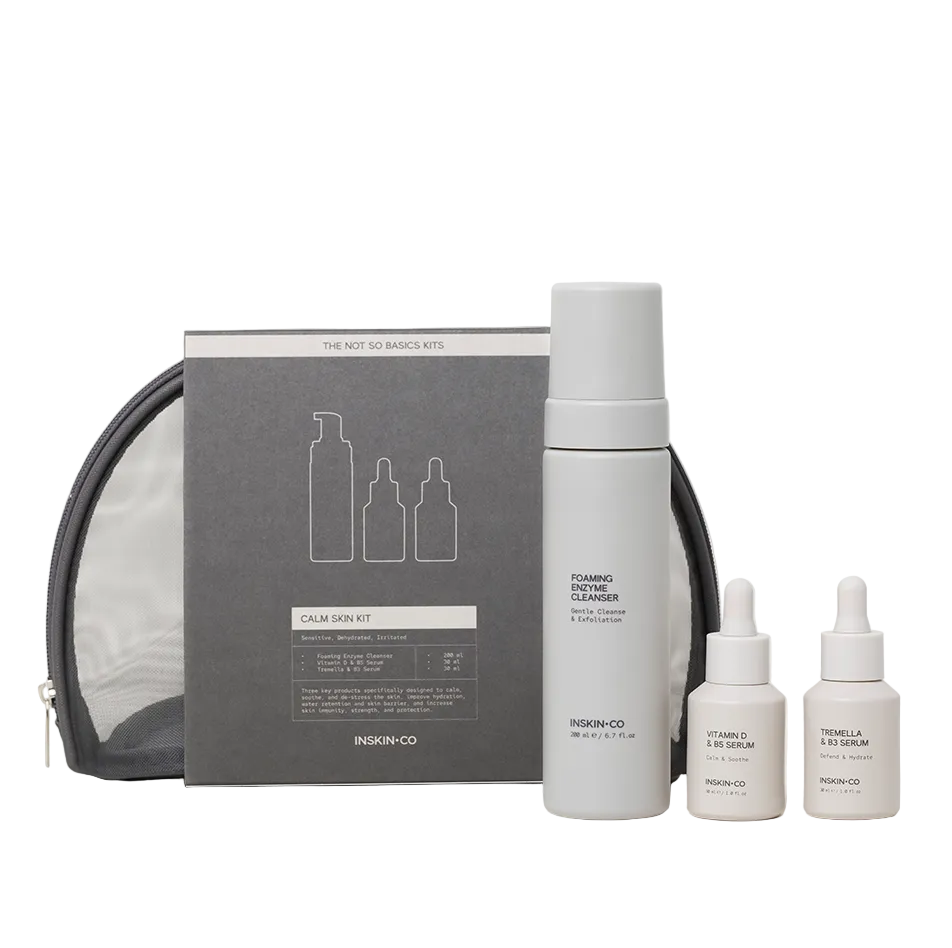 INSKIN.CO Calm Skin Kit calming skincare set for sensitive and reactive skin featuring barrier-supporting cleanser and serums.