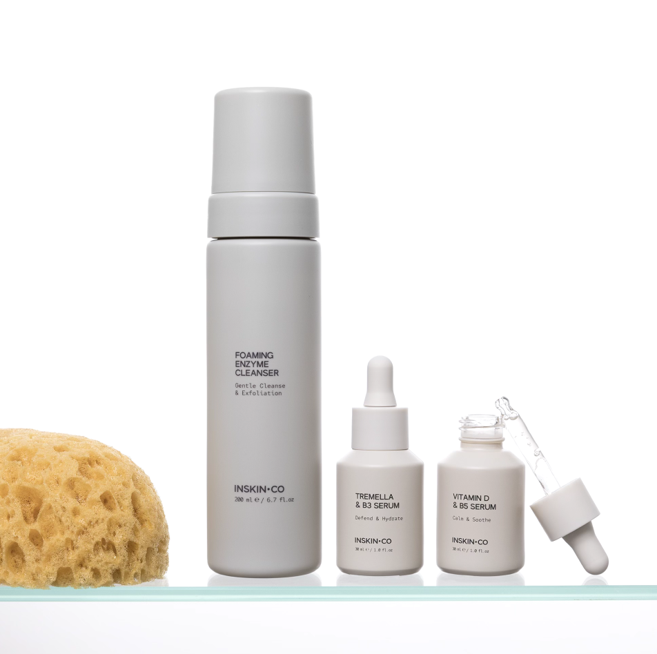INSKIN.CO Calm Skin Kit with Foaming Enzyme Cleanser, Vitamin D & B5 Serum and Tremella & B3 Serum for soothing and hydrating sensitive skin.