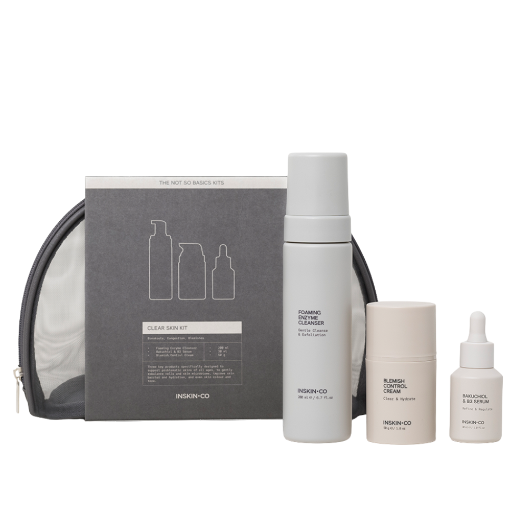 INSKIN.CO Clear Skin Kit acne-prone skincare set for breakouts and oil balance with bakuchiol and blemish-control treatment.