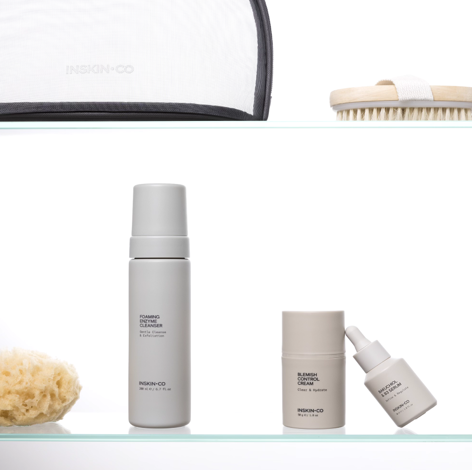 INSKIN.CO Clear Skin Kit featuring Foaming Enzyme Cleanser, Bakuchiol & B3 Serum and Blemish Control Cream for clearer, balanced skin.